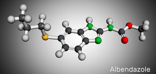 Albendazole molecule. It is is broad-spectrum, synthetic benzimidazole-derivative anthelmintic, used in treatment of parasitic worm infestations. Molecular model. 3D rendering