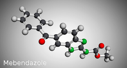 Mebendazole, MBZ molecule. It is synthetic benzimidazole derivate and anthelmintic drug. Molecular model. 3D rendering
