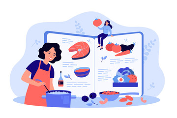 Healthy meals recipe book vector illustration. Female chef cooking from fresh ingredients for restaurant lunch or dinner menu. Culinary or organic nutrition concept