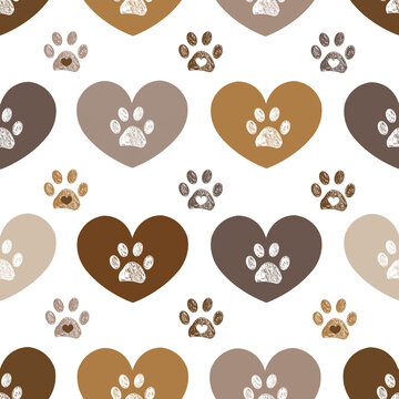 Cute brown hearts and doodle paw prints. Fabric design seamless pattern