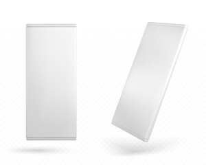 Chocolate package mockup, carton blank pack for choco bar top and angle view. Rectangular paper box for sweet product template isolated on white background, Realistic 3d vector illustration, mock up