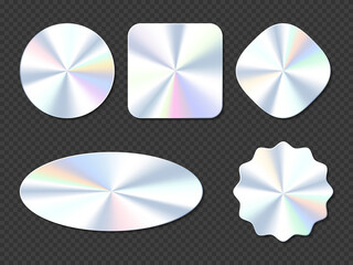 Holographic stickers, hologram labels of different shapes. Round, square, oval, rhombus and wavy iridescent foil or silver colored blank rainbow shiny emblems, Realistic 3d vector illustration, set - obrazy, fototapety, plakaty