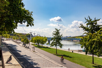 Rhône river banks in Lyon, France on a sunny day