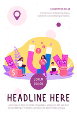 People attracting money with magnet flat vector illustration. Man and woman with laptop taking fast loan online. Lady holding magnet for attraction income. Wealth and investment concept