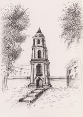 Hand drawn ink pen sketch with old tower in Nesvizh town, Belarus. Calm vintage city landscape concept on paper. Eastern European architecture drawing. Monochrome vertical illustration for card, print