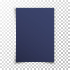 Dark realistic blank paper page with shadow isolated on transparent background. Navy-blue sheet of paper. A4 size sheet paper. Mock up template for your design. Vector illustration