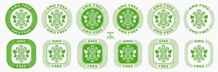 Concept for product packaging. Labeling - GMO-free. Molecule or microorganism icon with gene and leaves - wings - symbol of GMO freedom - symbol of natural ingredients. Vector set.