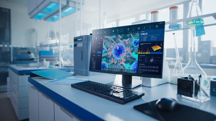 Modern Medical Research Laboratory with Computer Showing Virus Genome Research Software. Scientific...