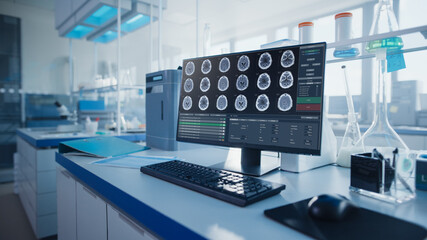 Modern Medical Research Laboratory with Computer Showing MRI Brain Scans. Glassware with...