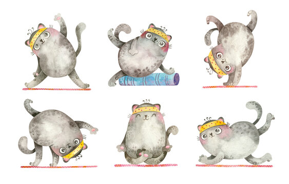Yoga Cats. Cute characters in various asanas. Mascots for sports goods, yoga courses. Watercolor hand drawn illustrations.