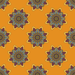 Abstract seamless pattern with mandala flower. Mosaic, tile, polka dot. Floral background.