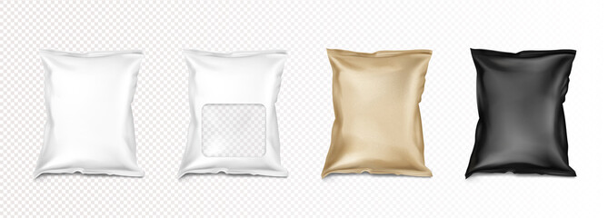 Foil bag with clear window, doypack for food isolated on transparent background. Vector realistic mockup of closed black, white and gold pouches, flex package for snack, candies, tea or coffee