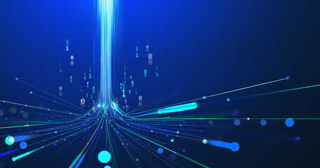 5G technology wireless data transmission, high-speed internet. Information flow in abstract cyberspace. 3d illustration of big data digital funnel