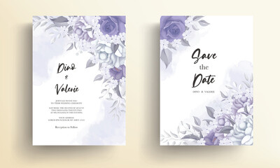 Fototapeta na wymiar Beautiful wedding invitation card with purple flower decoration