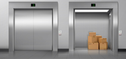 Cargo elevators with closed and open doors in hallway. Vector realistic empty modern interior with lifts, cardboard boxes in cabin, metal panel with buttons and floor display on wall © klyaksun