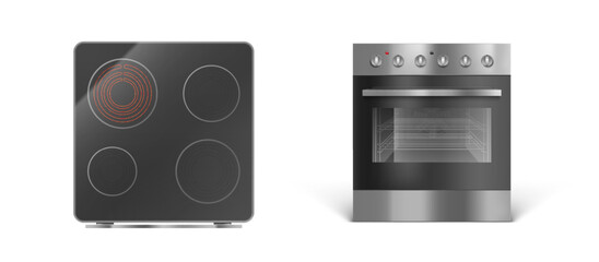 Induction cooking panel with oven, electric stove front and top view. Vector realistic set of kitchen cooker with transparent glass oven door, black ceramic stovetop isolated on white background