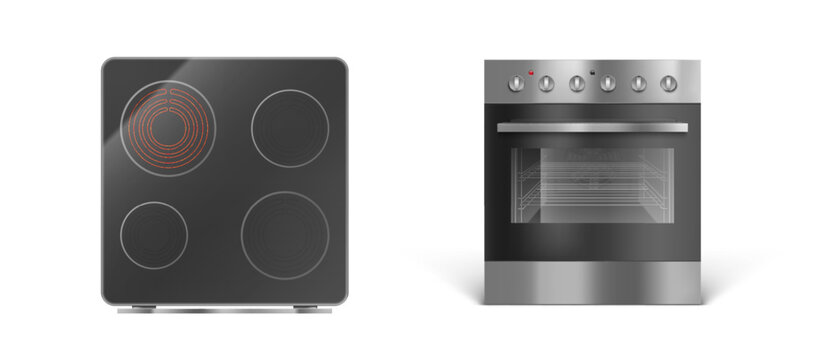 Induction cooking panel with oven, electric stove front and top view. Vector realistic set of kitchen cooker with transparent glass oven door, black ceramic stovetop isolated on white background