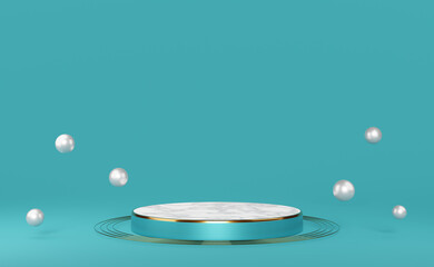 podium empty and ball with geometric shapes in blue composition for modern stage display and minimalist mockup ,abstract showcase background ,Concept 3d illustration or 3d render