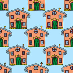 Cute fantasy cartoon doodle house, building seamless pattern. Architectural background.