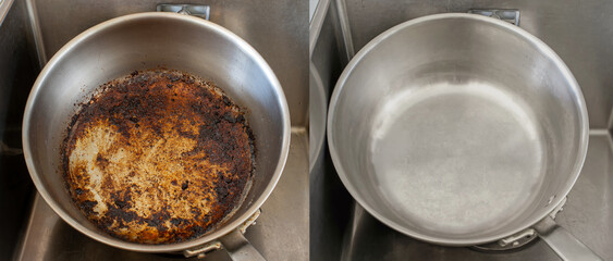 Compare burnt pan image before and after cleaning the unclean able stained pot from burnt cooking pot. The dirty stainless steel pan with the clean pan clean shiny bright like new in the kitchen sink.