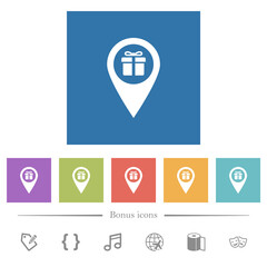 Gift shop GPS map location flat white icons in square backgrounds