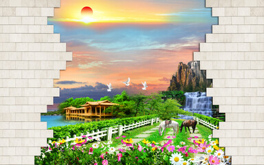 Fototapety  3d mural wallpaper for wall . Natural landscape, horse, sun, flowers, mountain , sea, Waterfallو herbs, house, birds, clouds in the sky and wall bricks . decoration landscape background .