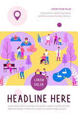 Patients walking and training in hospital park. Rehabilitation, nurse, health flat vector illustration. Healthcare and activity concept for banner, website design or landing web page