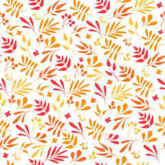Fototapeta na wymiar Trendy orange and red leaves seamless pattern background. Hand drawn outline design for fabric, print, cover, banner and invitation. Autumn leaves endless pattern. Vector illustration