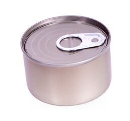 Close-up various metal and white tin can on white background