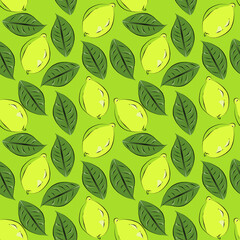 Color seamless pattern of lemons and leaves on a light green background.