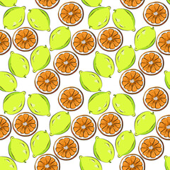 A color seamless pattern of lemons and oranges on a white background.