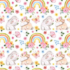 Cute rabbits and rainbows seamless pattern. Watercolor holiday Easter themed print, nursery wallpaper design. Hand painted baby bunny, spring flowers, floral rainbow. Illustration on white background.