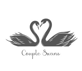 Fototapeta na wymiar Couple swans glyph icon. Monochrome couple of romantic birds for wedding invitation design. Black vector illustration, isolated on white.