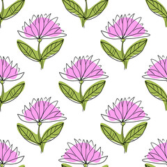 Cute cartoon polka dot sloppy flowers in doodle style seamless pattern. Floral childlike style background.