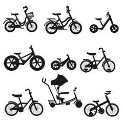 Set of kids bikes. Bicycles for children, for boys. Icons, vector, flat design.