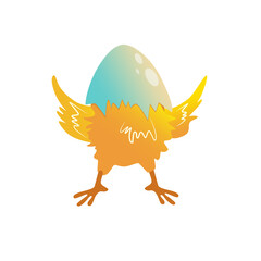 Yellow cute chicken under the shel. Vector illustration isolated on a white background. A design element for decorating holiday products.