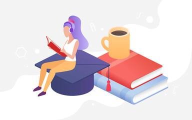 People study and read, education concept vector illustration. Cartoon isometric graduate student character studying, sitting on graduation cap with books or textbooks stack and coffee cup background