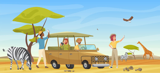 People in safari tour, savanna wild landscape vector illustration. Cartoon group of tourist characters make travel photo of wildlife on smartphone or camera, travelers drive car vehicle background