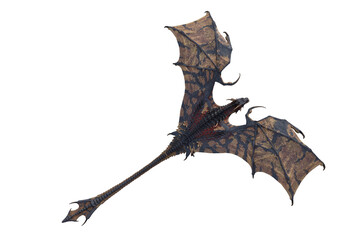 Naklejka premium Wyvern or Dragon fantasy creature flying with wings spread, seen from above, 3D illustration isolated on white.