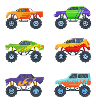 Monster cars set. Colorful cartoon trucks on big wheels, toys for children isolated on white. Vector illustrations for racing, competition, automobile constructor, robotics concept