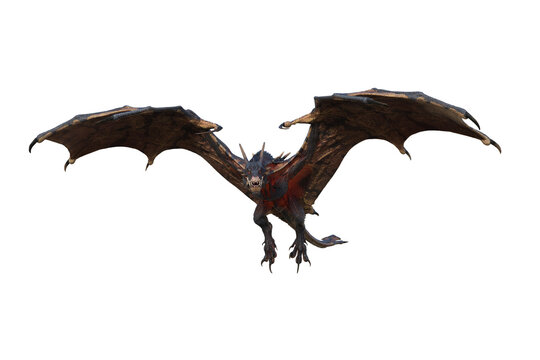 Wyvern or Dragon fantasy creature taking flight, 3D illustration isolated on white.