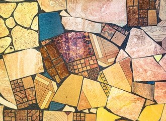 Picasso abstractions style, grunge background with the wild chaotic broken mosaic ceramic tiles