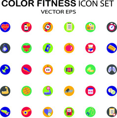 Flat multicolor vector icon set on colored circular backgrounds. Icons included pertain to fitness, health and wellness. Fully editable. Royalty free.	