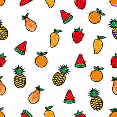 Cute tropical fruit seamless pattern.  mango, papaya, pineapple, strawberry, watremelon, orange.