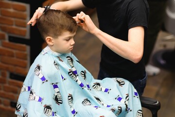 A little cute boy sits in a hairdresser's at the stylist's, a schoolchild is getting hair cut in a beauty salon, a child at a barbershop's, a short men's haircut.