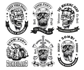 Fototapeta premium Black label designs with zombie head vector illustration set. Vintage badges with walking dead. Horror and fantastic creatures concept can be used for retro template, banner or poster