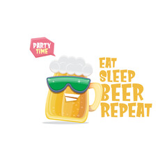 Vector Eat sleep beer repeat vector concept illustration or summer poster with cartoon funky beer mug character with sunglasses isolated on white background. Vector funny beer label or poster design