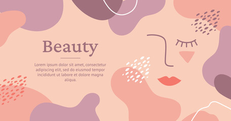Concept for the beauty industry. Vector banner with linear woman face and abstract spots in shades of pink. 