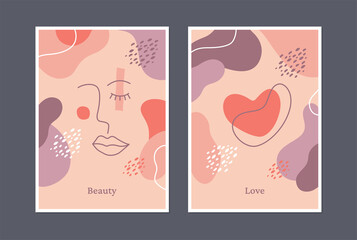 Contemporary collage with heart in pastel shades of pink. Vector abstract female line art face. Concept for the beauty industry.