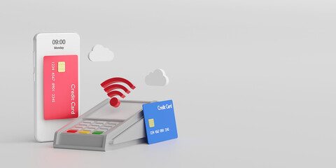 Contactless payment via NFC technology wireless pay by credit card on smartphone, 3d rendering